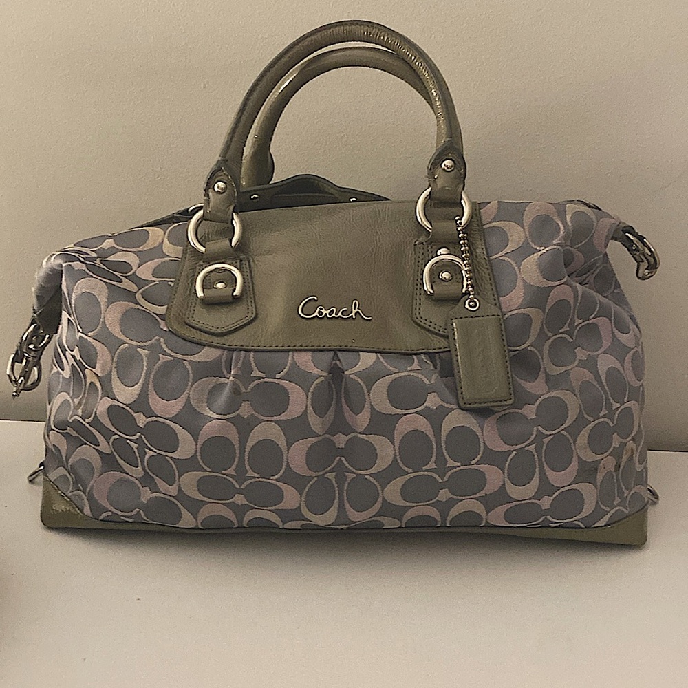 Coach Womens Ashley Signature Sateen Carry All Satchel Shoulder Bag Gray Large